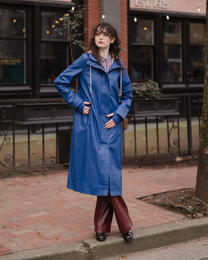 Mernini Long Raincoat in Peony Blue, Suttles & Seawinds, Mahone Bay, Nova Scotia