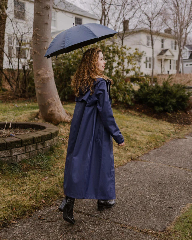 Mernini Long Raincoat in Midnight Blue, Suttles & Seawinds, Mahone Bay, Nova Scotia