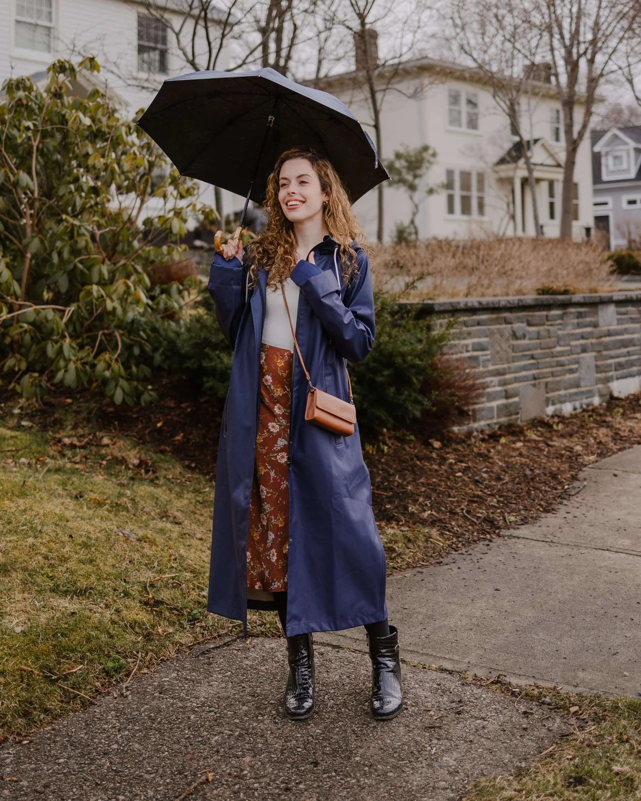 Mernini Long Raincoat in Midnight Blue, Suttles & Seawinds, Mahone Bay, Nova Scotia