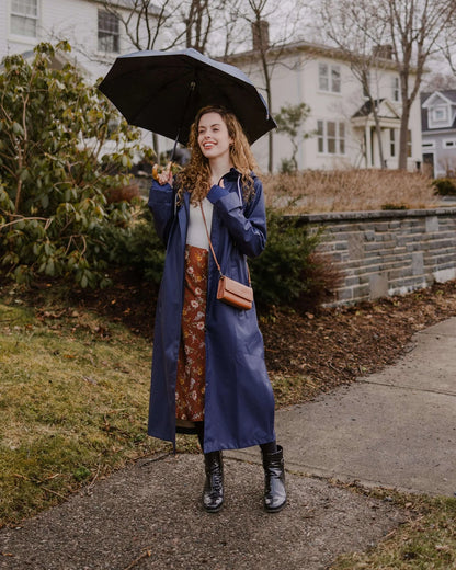 Mernini Long Raincoat in Midnight Blue, Suttles & Seawinds, Mahone Bay, Nova Scotia