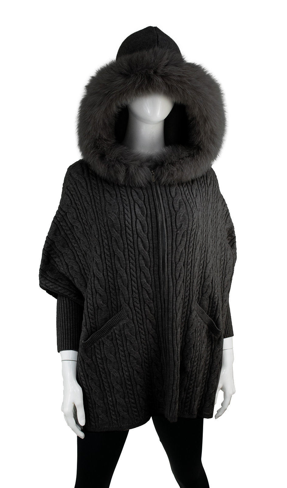 MM - CABLE KNIT PONCHO W/FUR