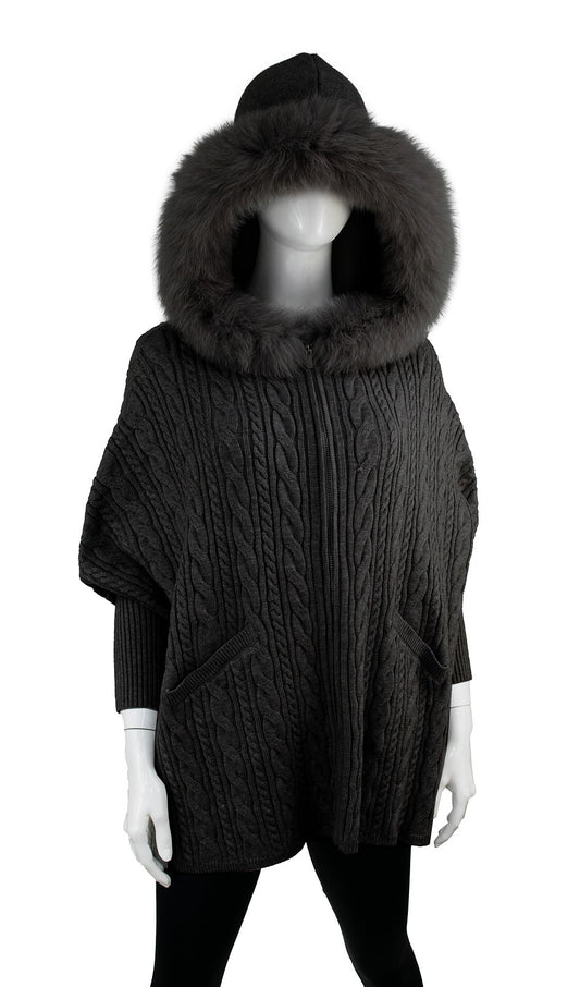 MM - CABLE KNIT PONCHO W/FUR