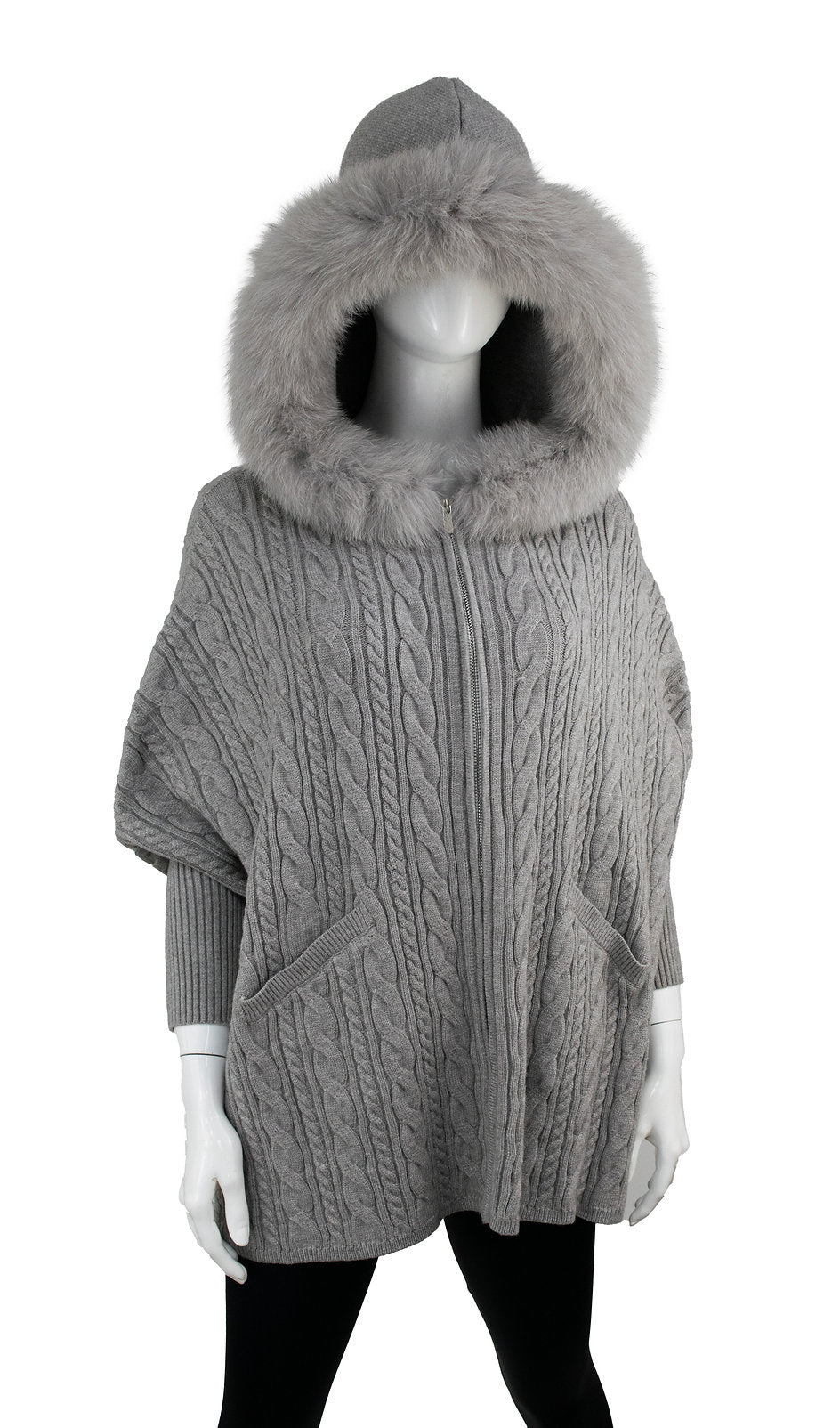 MM - CABLE KNIT PONCHO W/FUR