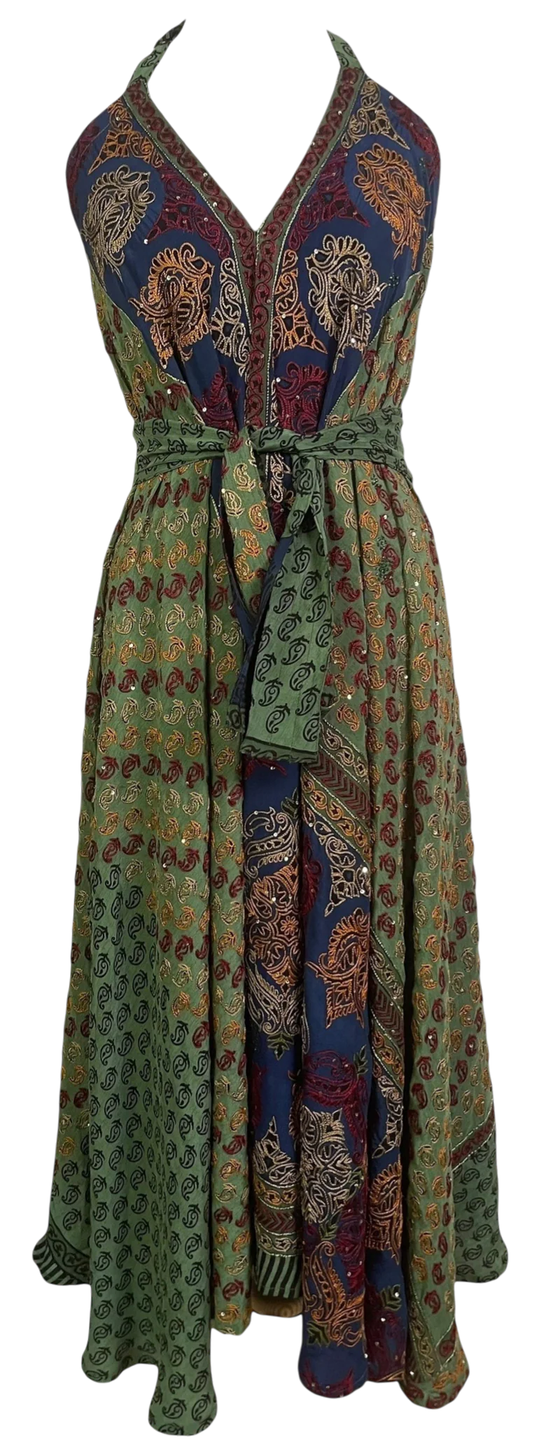 Embroidered Petal  Silk Maxi Dress with Belt