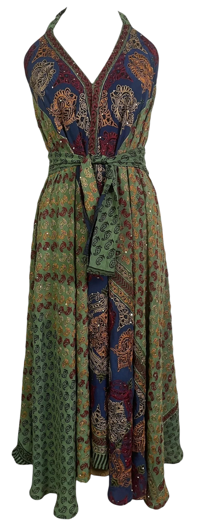 Embroidered Petal  Silk Maxi Dress with Belt
