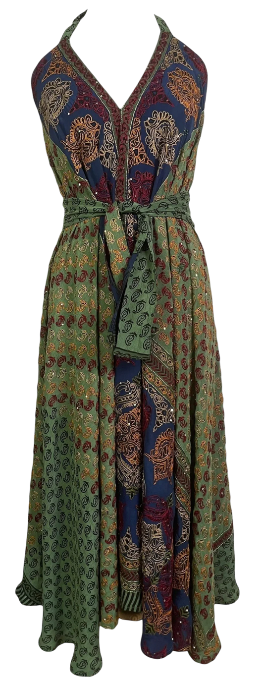 Embroidered Petal  Silk Maxi Dress with Belt