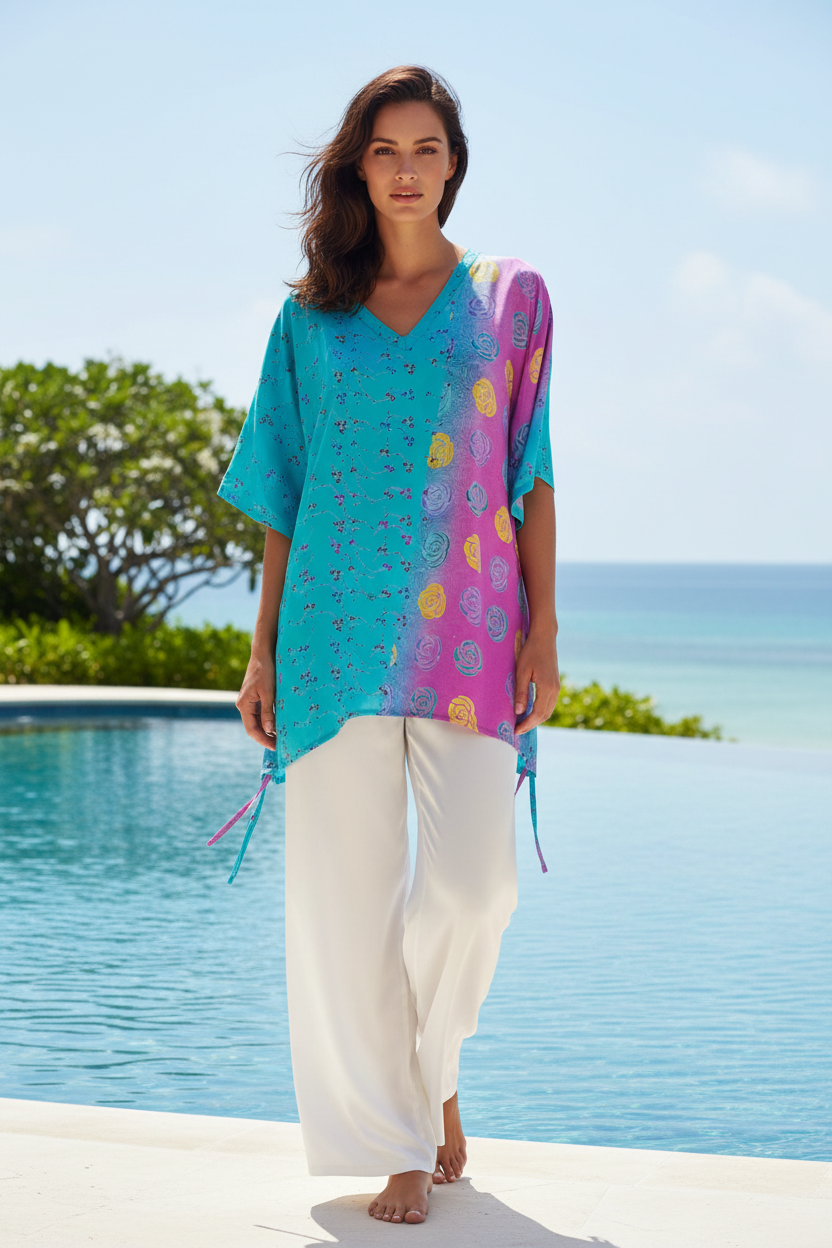 Stamp rose silk long tunic with side ties