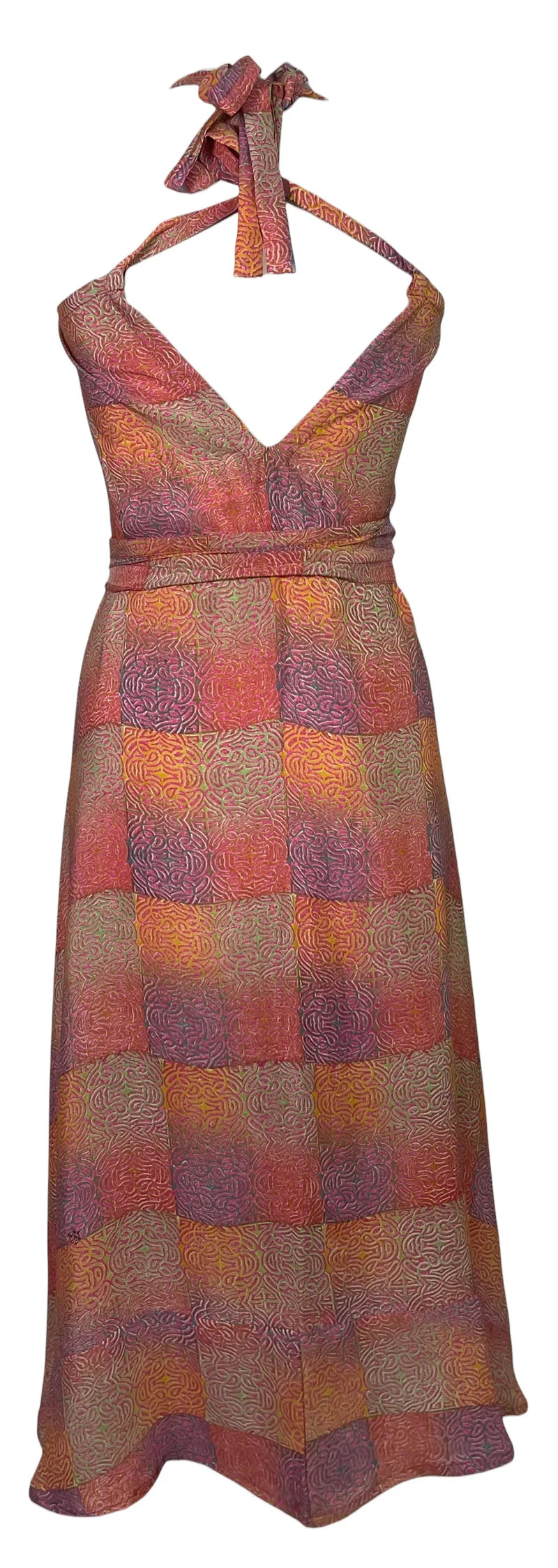 Square Print Silk Maxi Dress with Belt