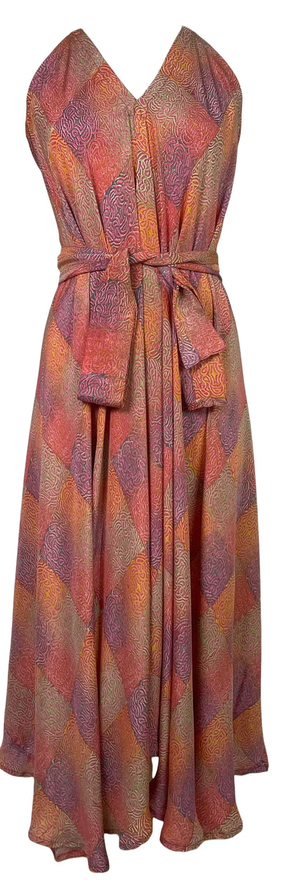 Square Print Silk Maxi Dress with Belt