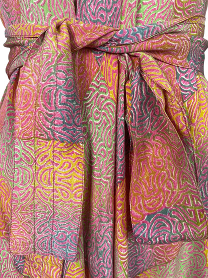 Square Print Silk Maxi Dress with Belt
