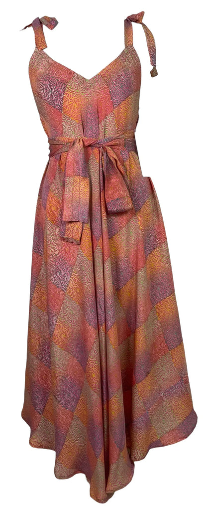 Square Print Silk Maxi Dress with Belt