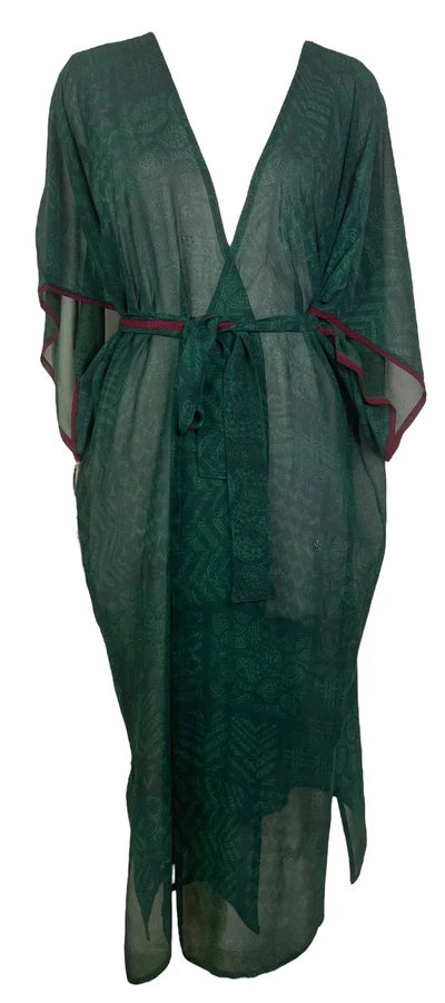 LONG SILK KIMONO SLEEVED DUSTER WITH BELT GREEN