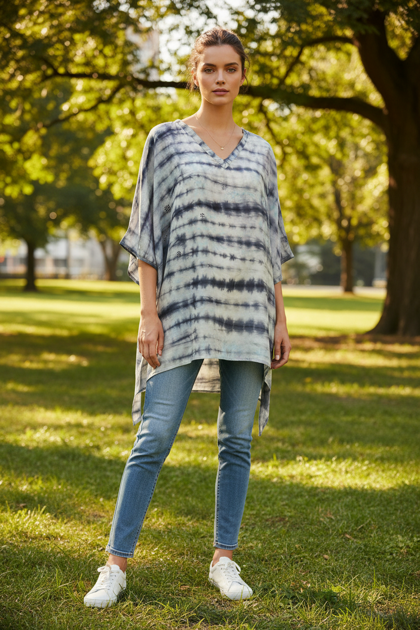 Strip tie dye silk long tunic with side ties