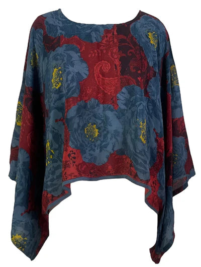 BLUE FLOWER SILK KIMONO SLEEVED TOP