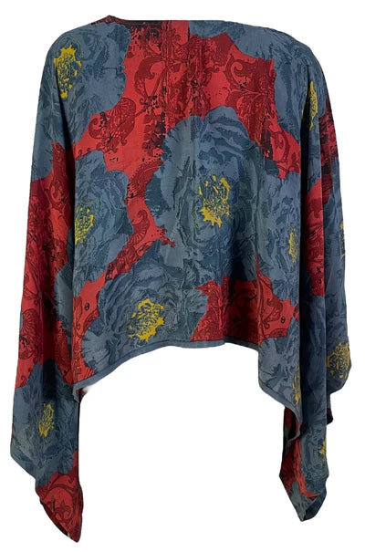 BLUE FLOWER SILK KIMONO SLEEVED TOP