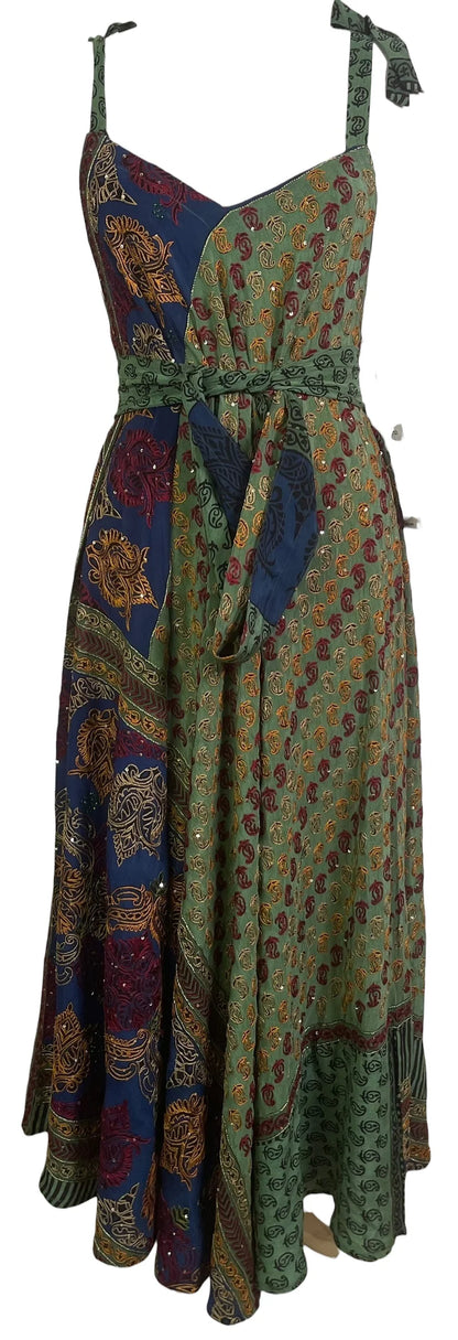 Embroidered Petal  Silk Maxi Dress with Belt