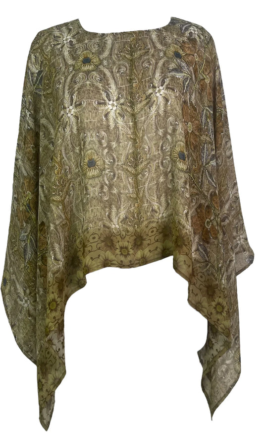 Brown Flower Silk Capelet Poncho