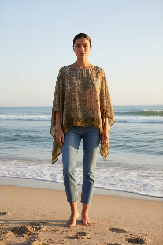 Brown Flower Silk Capelet Poncho