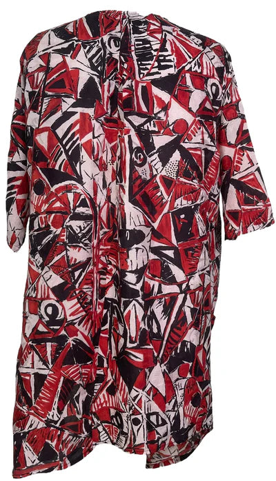 RED ABSTRACT SILK SELF POCKET TUNIC DRESS