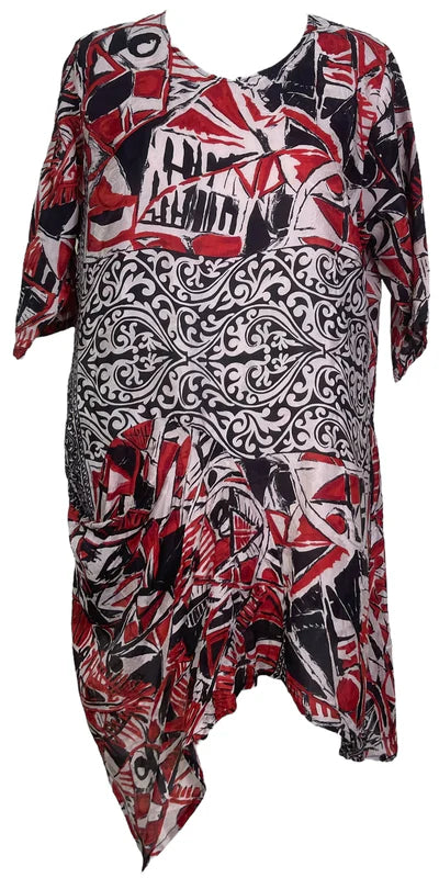 RED ABSTRACT SILK SELF POCKET TUNIC DRESS