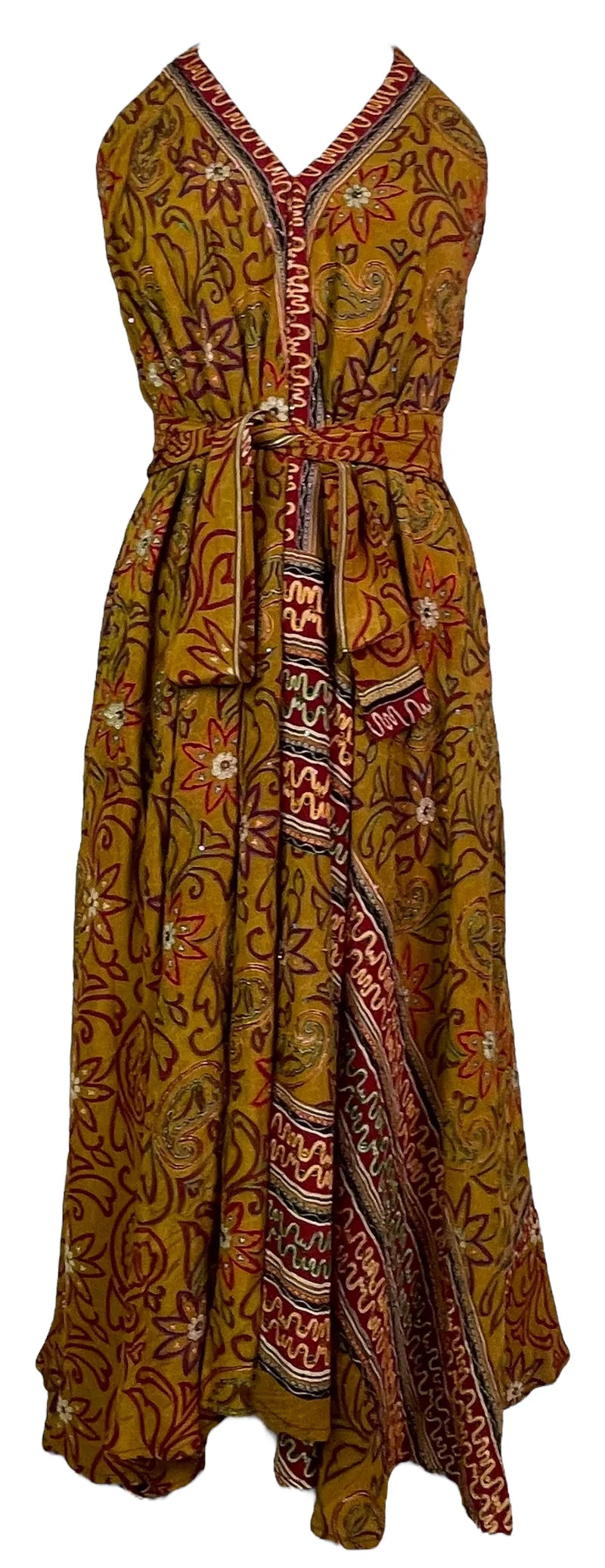 Embroidered Flower Pure Silk Maxi Dress with Belt