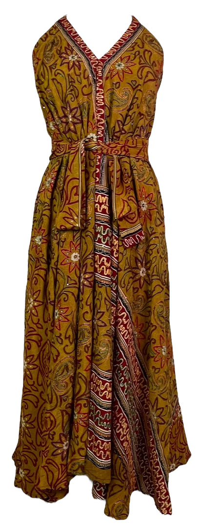 Embroidered Flower Pure Silk Maxi Dress with Belt