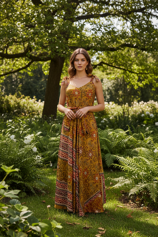 Embroidered Flower Pure Silk Maxi Dress with Belt