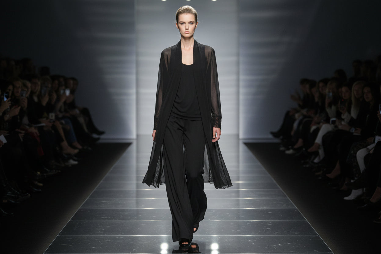 black  mini mesh cardigan on a model walking the catwalk