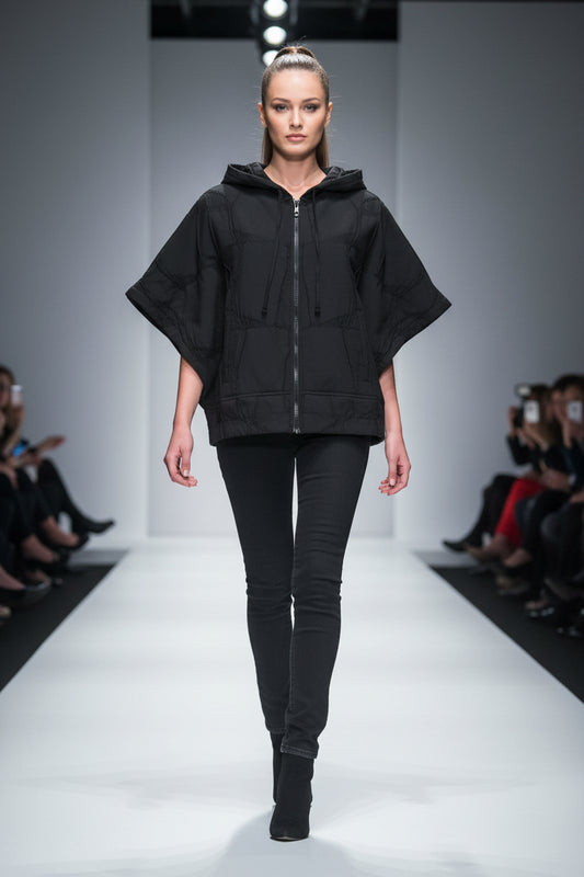 Black light quilted jacket with a hood and half sleeve on a white background