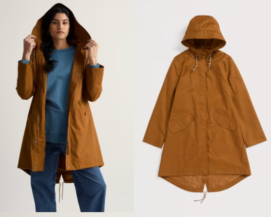 Brown hooded coat worn by a person on the left, with a plain white background on the right.