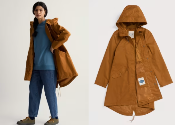 Brown coat worn by a person on the left, with a close-up of the same coat on the right against a white background.