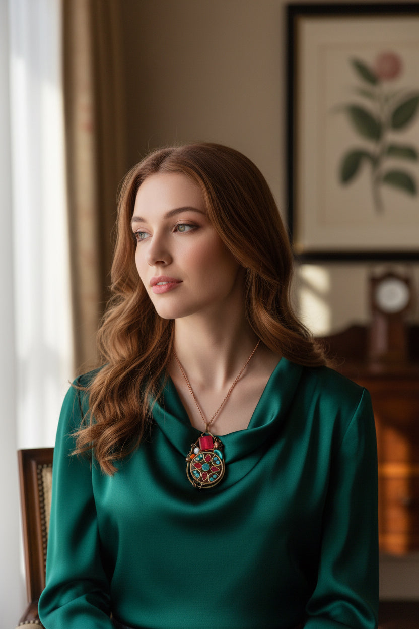 Colorful necklaces with intricate designs on a white background