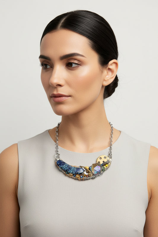 Necklace with blue and gold elements on a white background