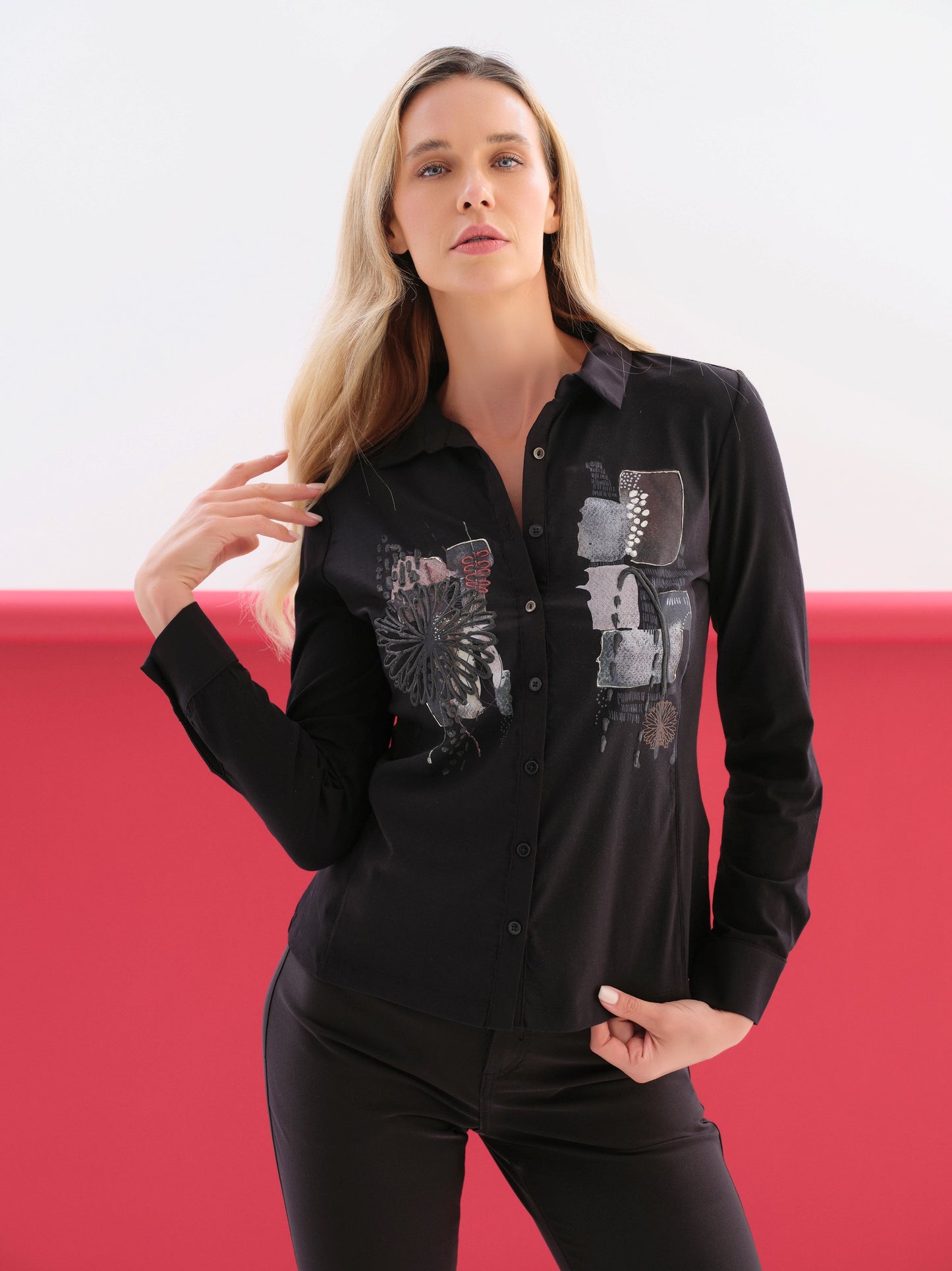 Embroidered/Painted Mid Length Black Shirt