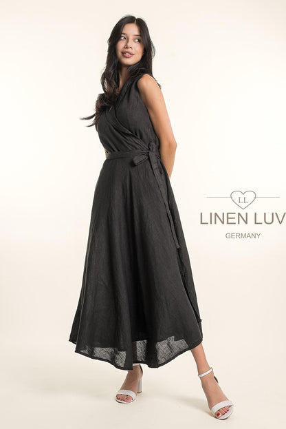 French Linen Beautiful Wrap Belt Maxi Dress - Suttles & Seawinds