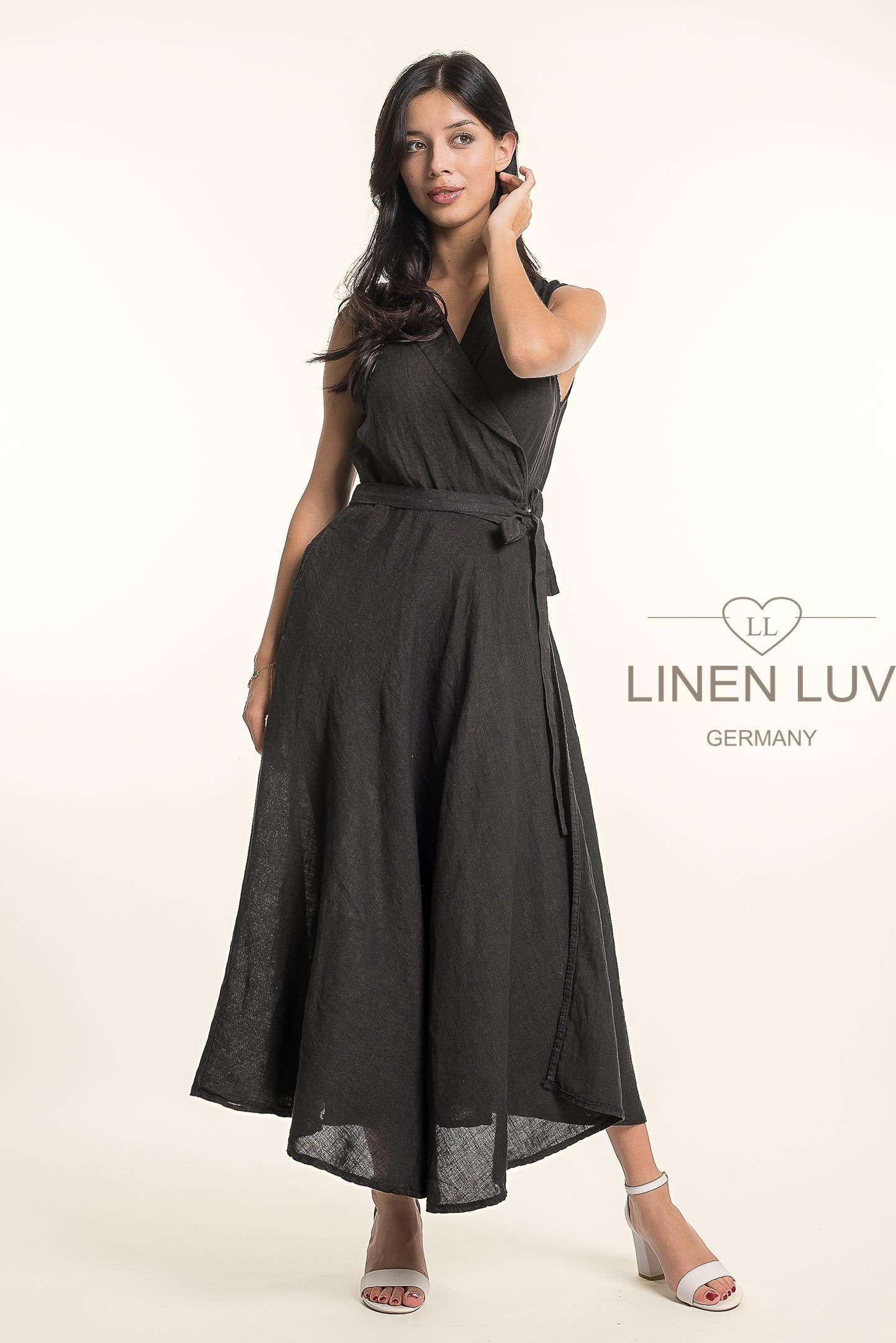French Linen Beautiful Wrap Belt Maxi Dress - Suttles & Seawinds