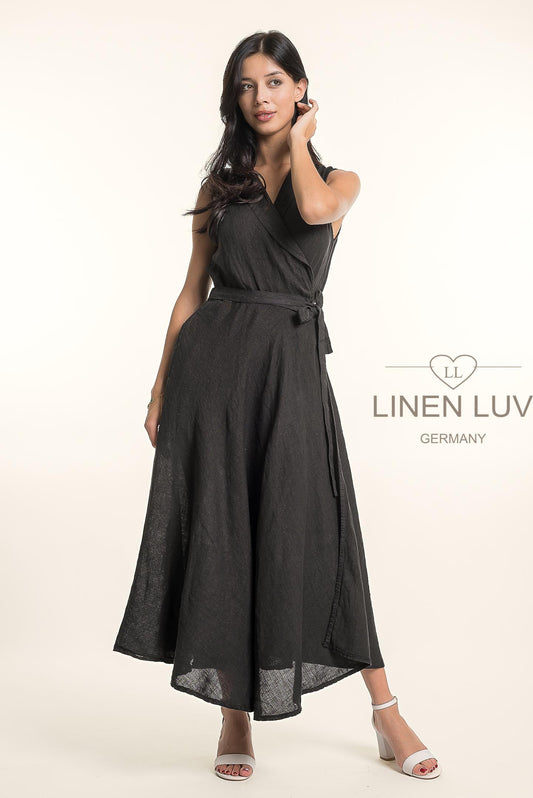 French Linen Beautiful Wrap Belt Maxi Dress - Suttles & Seawinds