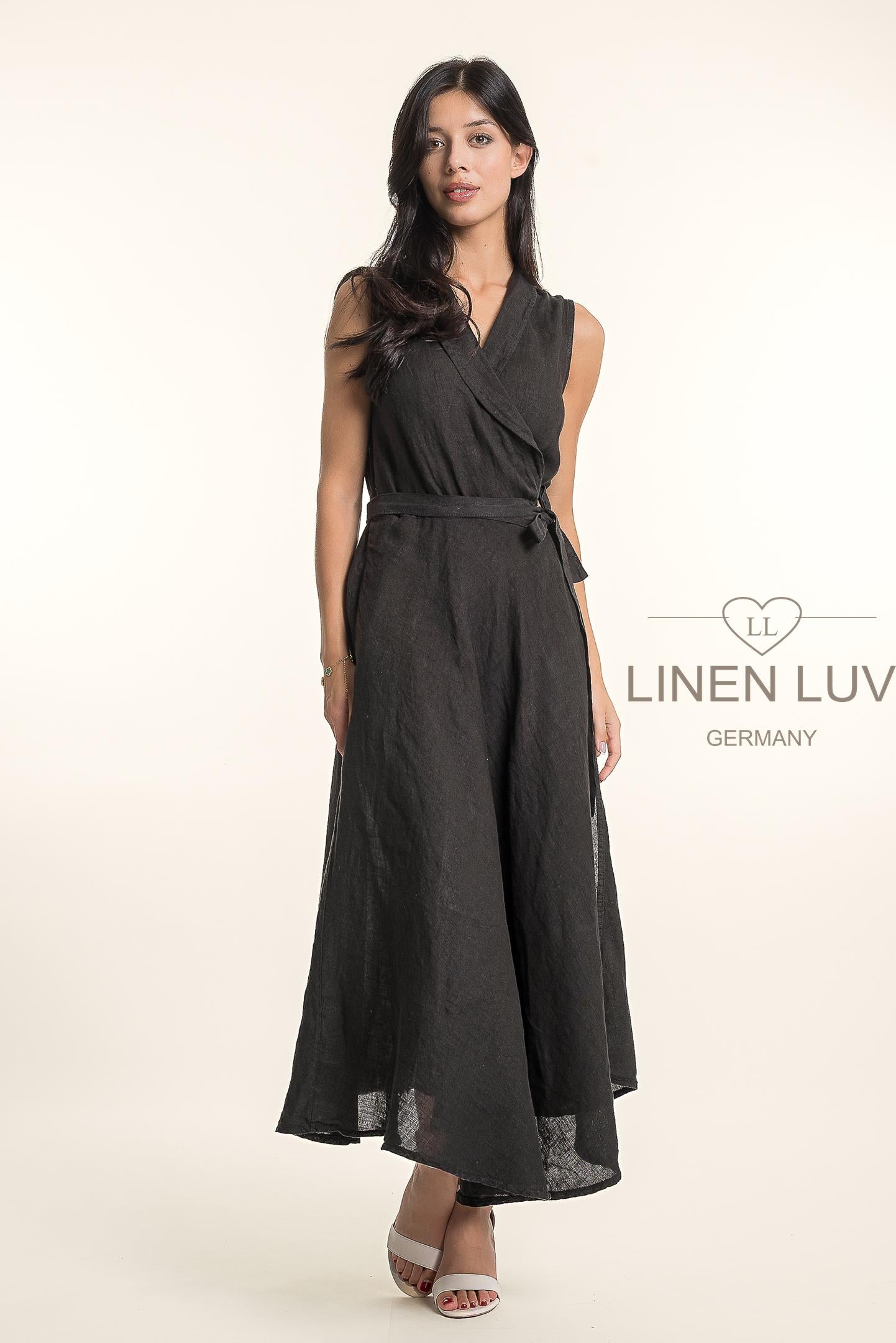 French Linen Beautiful Wrap Belt Maxi Dress - Suttles & Seawinds