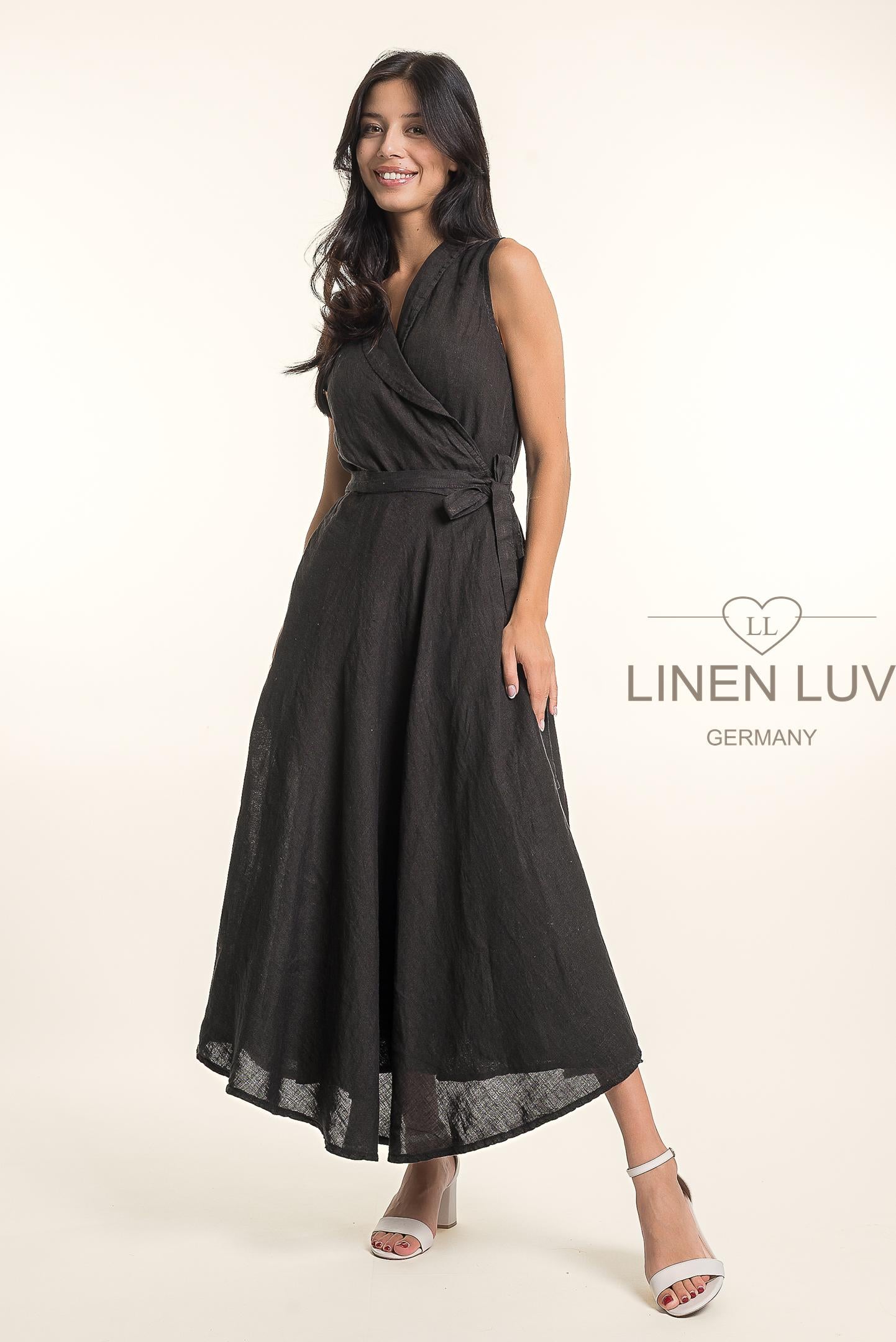French Linen Beautiful Wrap Belt Maxi Dress - Suttles & Seawinds