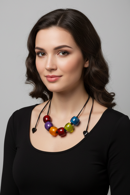 Necklace with colorful beads on a white background