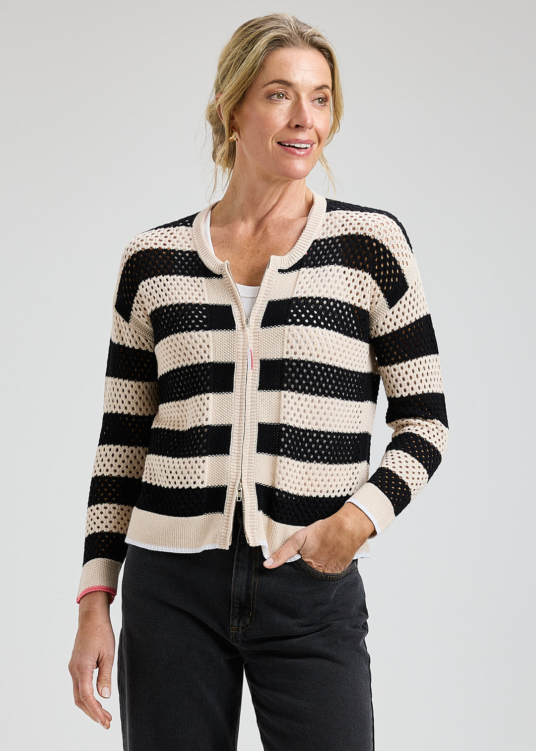 Wide Stripe Pointelle Zip Cardi