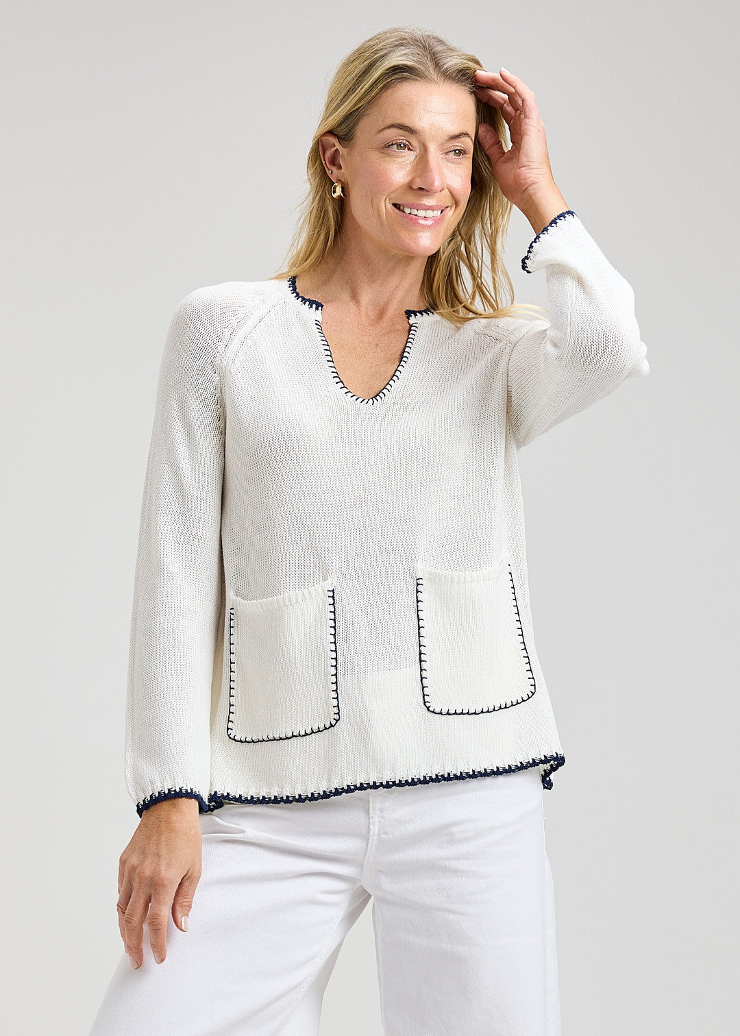 Cotton Long Sleeve Sweater With Patch Pockets