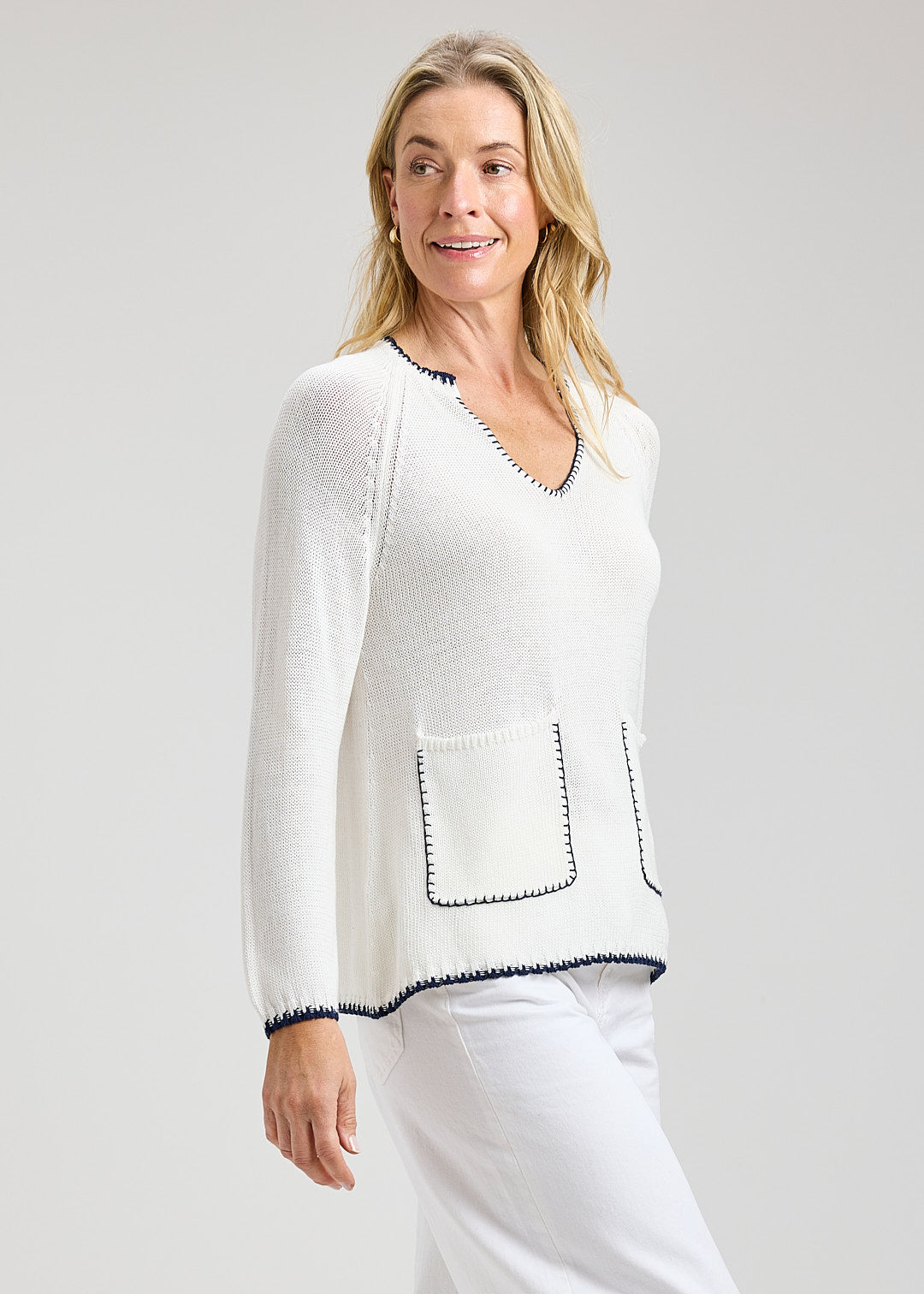 Cotton Long Sleeve Sweater With Patch Pockets