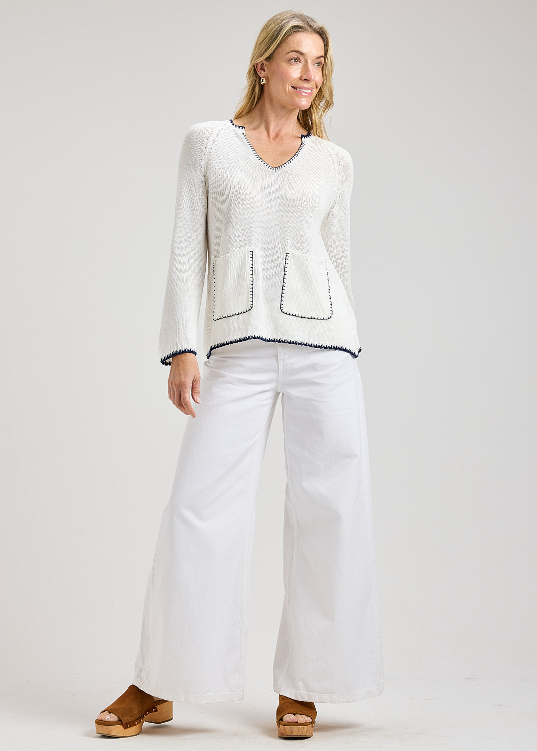 Cotton Long Sleeve Sweater With Patch Pockets