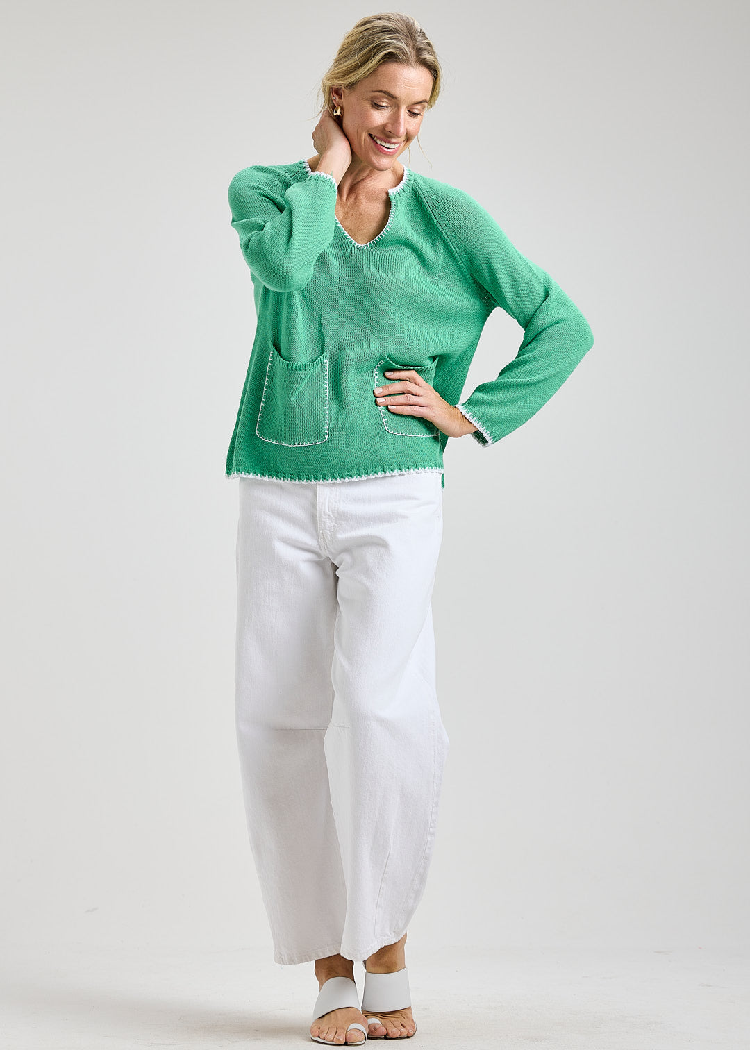 Cotton Long Sleeve Sweater With Patch Pockets