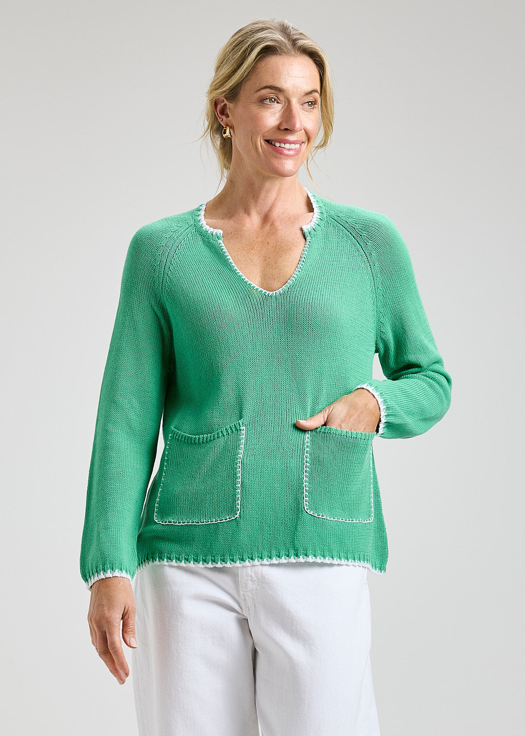 Cotton Long Sleeve Sweater With Patch Pockets