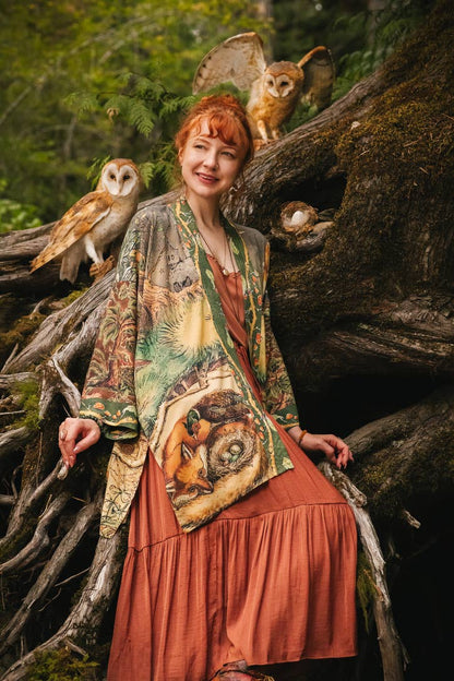 Woodland Wisdom Matinée Duster Kimono w/ Florals, Fox & Owl - Suttles & Seawinds