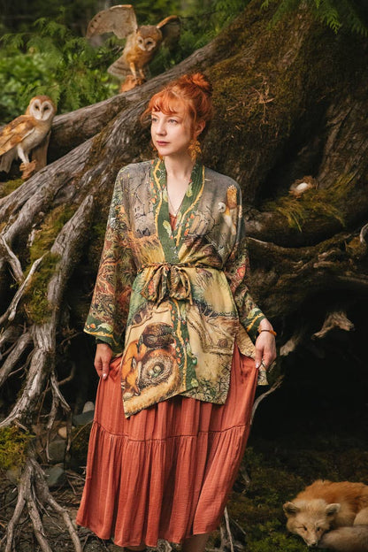 Woodland Wisdom Matinée Duster Kimono w/ Florals, Fox & Owl - Suttles & Seawinds