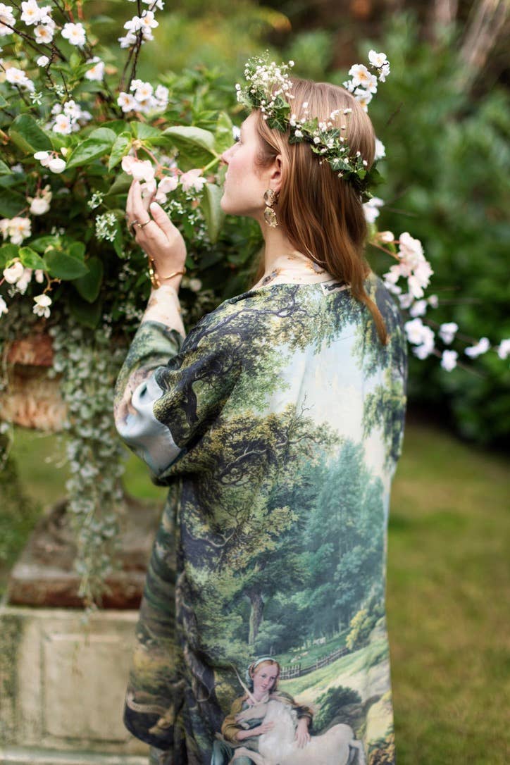 The Mythmaker Matinée Duster Kimono w/ landscape & unicorn - Suttles & Seawinds