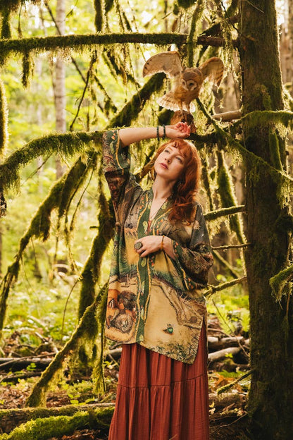 Woodland Wisdom Matinée Duster Kimono w/ Florals, Fox & Owl - Suttles & Seawinds